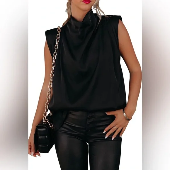 🔥HOT🔥NWT Rachel Zoe Black Satin Mock Drape Neck Top Sz XL - Picture 2 of 13